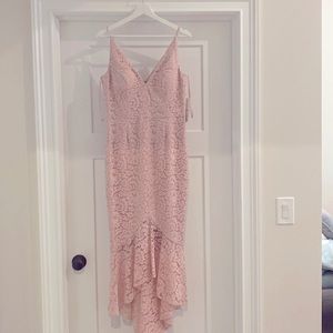 Size 8 Eliza J Soft Pink/Silver Lace high low gown. Spaghetti strap Satin lined.